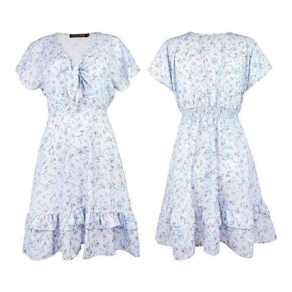 Fancyinn Womens Floral Prints Tie Front Mini Dress Short Sleeves Plunging Neck - Picture 5 of 15